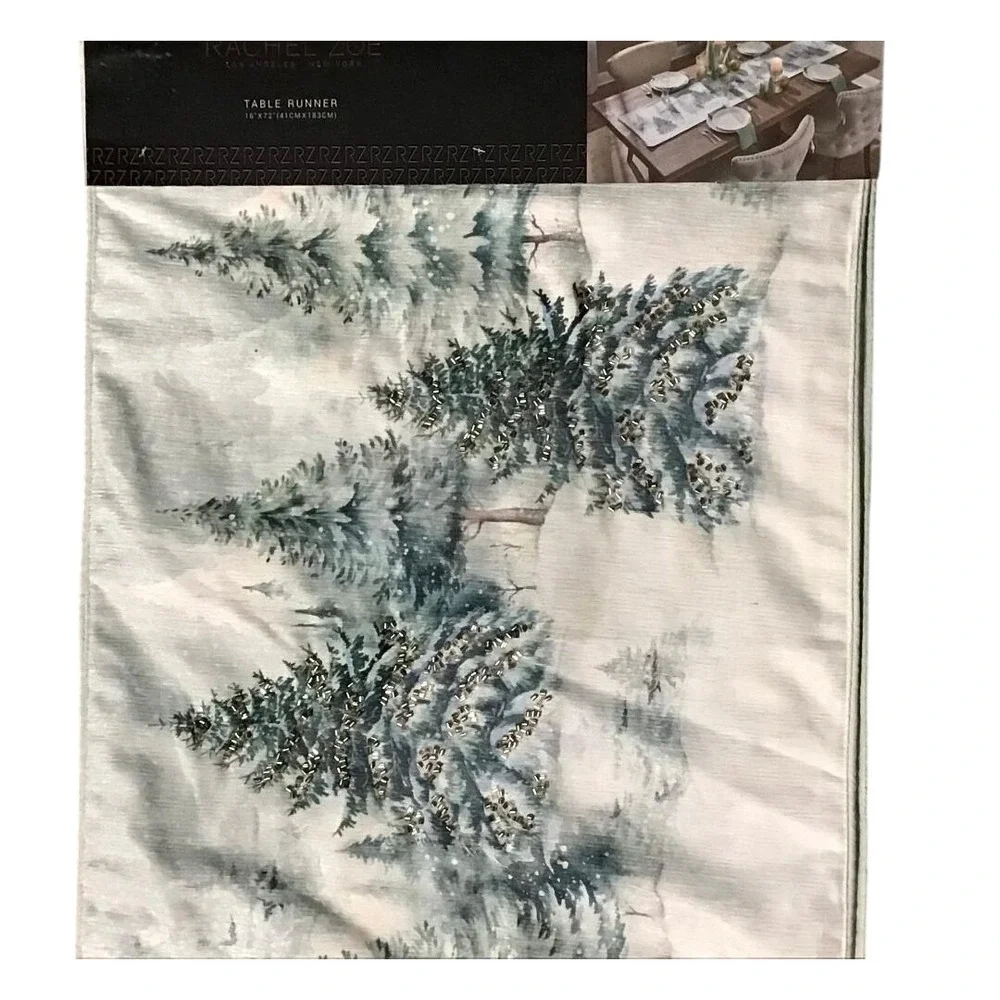 Rachel Zoe Winter Forest Silver Tree Evergreens Table Runner 16x72 Holiday Decor